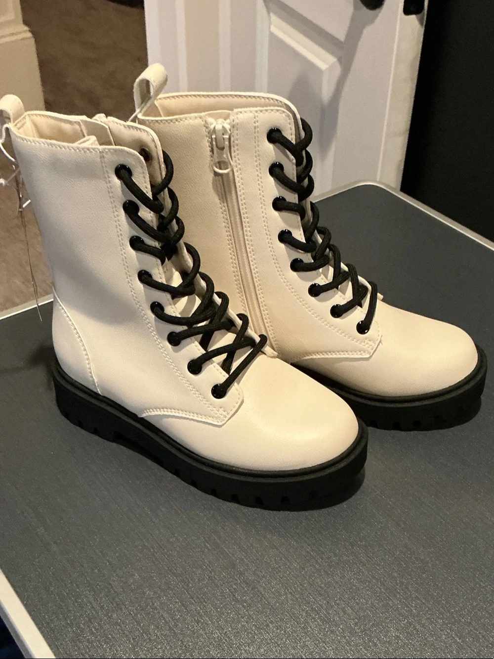 Cream Combat Boots with Black Laces